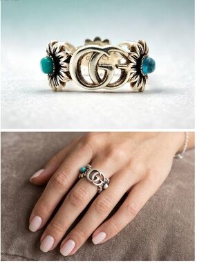 Gucci Double G Flower Ring Sterling Silver Turquoise Mother of Pearl